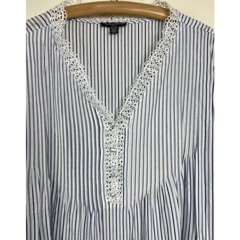 Chelsea & Theodore Blouse Women 3X Blue Striped Lace Trim Boho Peplum Top F10 - Picture 4 of 12